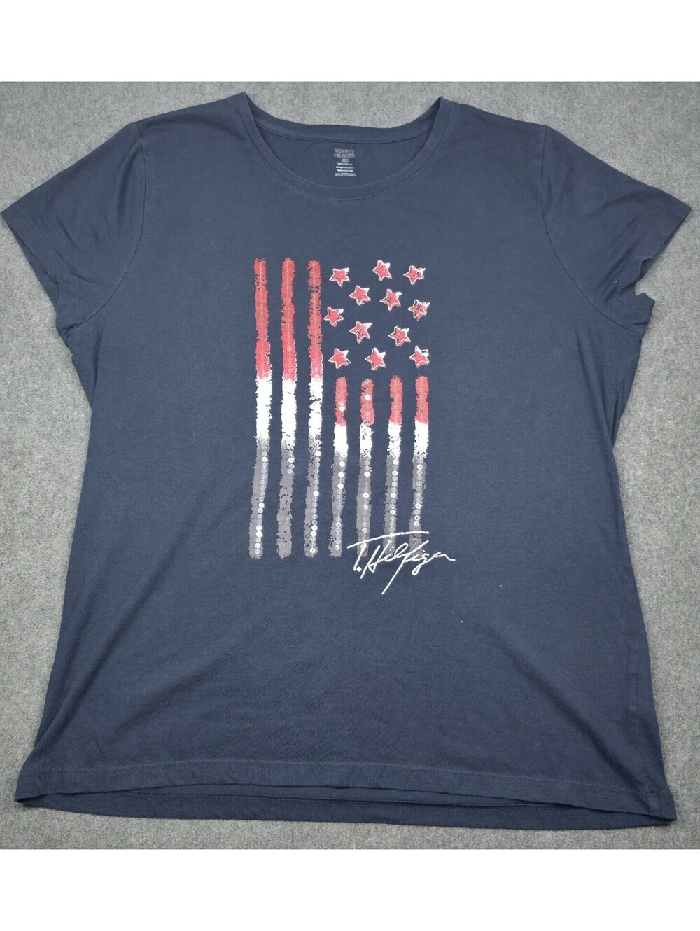 Tommy Hilfiger Women XXL Navy Sequin Flag Graphic T-Shirt Short Sleeve Crew Neck